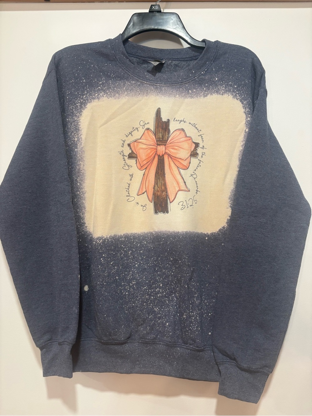 Women’s Gildan Navy Crewneck Sweatshirt with Peach Bow Graphic